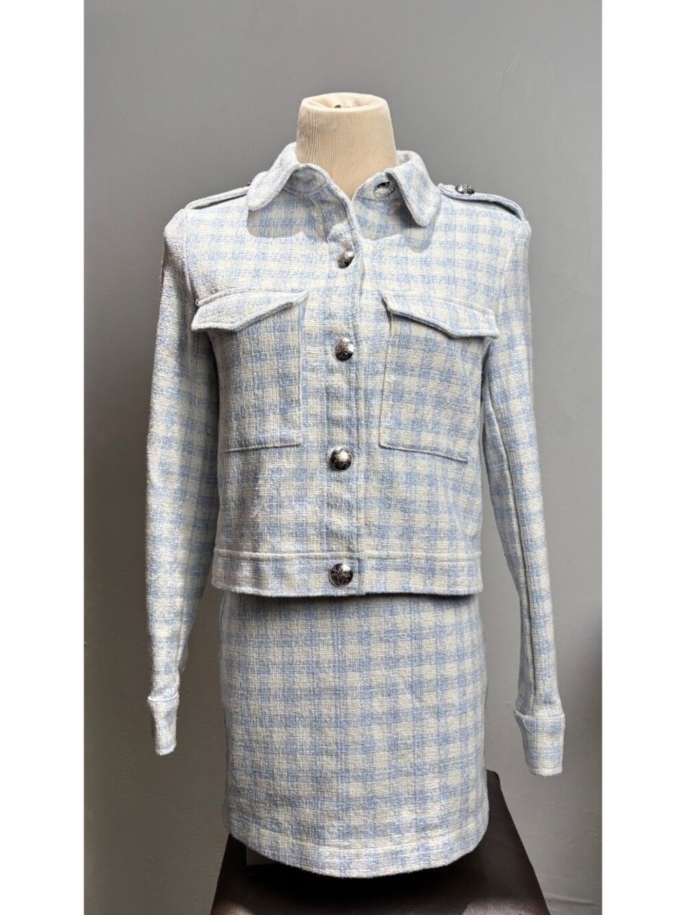 Zara Textured Plaid Gingham Checkered Blue White Suit (Jacket with Skort)